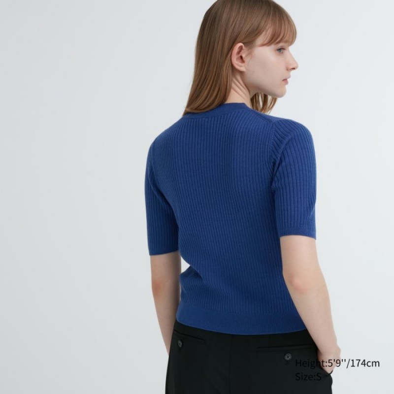 Chandails Uniqlo Extra Fine Merino Ribbed Mock Neck Half-Sleeve Femme Bleu | 4788907