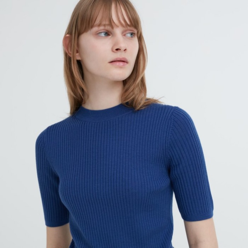Chandails Uniqlo Extra Fine Merino Ribbed Mock Neck Half-Sleeve Femme Bleu | 4788907