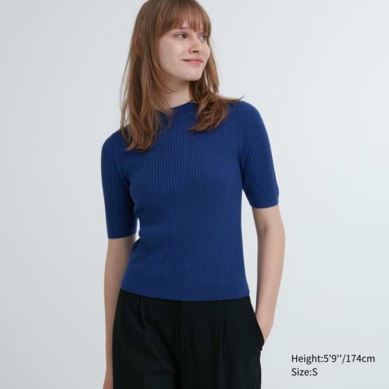 Chandails Uniqlo Extra Fine Merino Ribbed Mock Neck Half-Sleeve Femme Bleu | 4788907