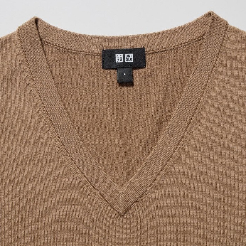 Chandails Uniqlo Extra Fine Merino V-Neck Long-Sleeve Femme Beige | 4991298