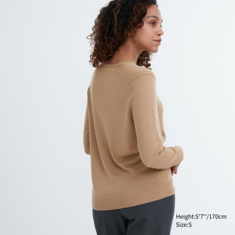 Chandails Uniqlo Extra Fine Merino V-Neck Long-Sleeve Femme Rose | 7864659