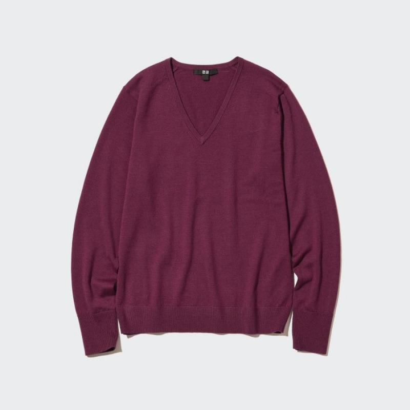 Chandails Uniqlo Extra Fine Merino V-Neck Long-Sleeve Femme Rose | 7864659