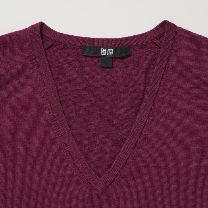Chandails Uniqlo Extra Fine Merino V-Neck Long-Sleeve Femme Rose | 7864659