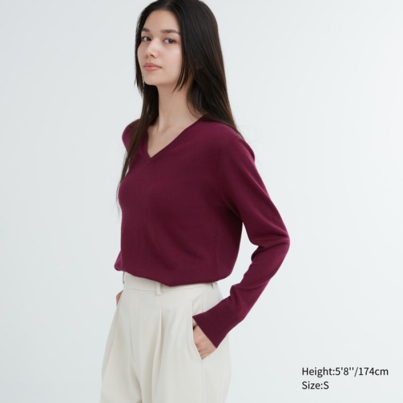 Chandails Uniqlo Extra Fine Merino V-Neck Long-Sleeve Femme Bordeaux | 3123393
