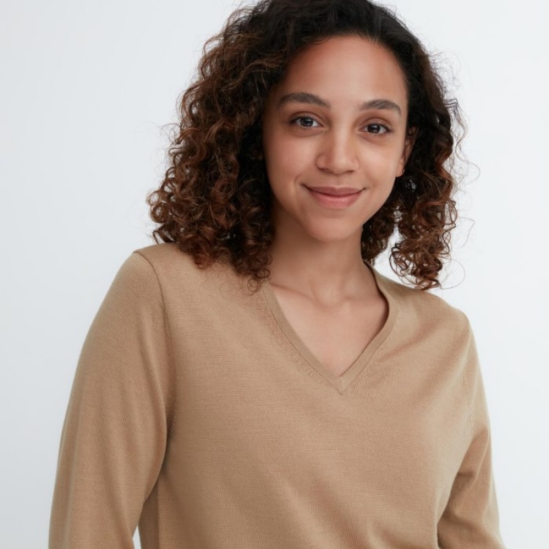 Chandails Uniqlo Extra Fine Merino V-Neck Long-Sleeve Femme Beige | 324057