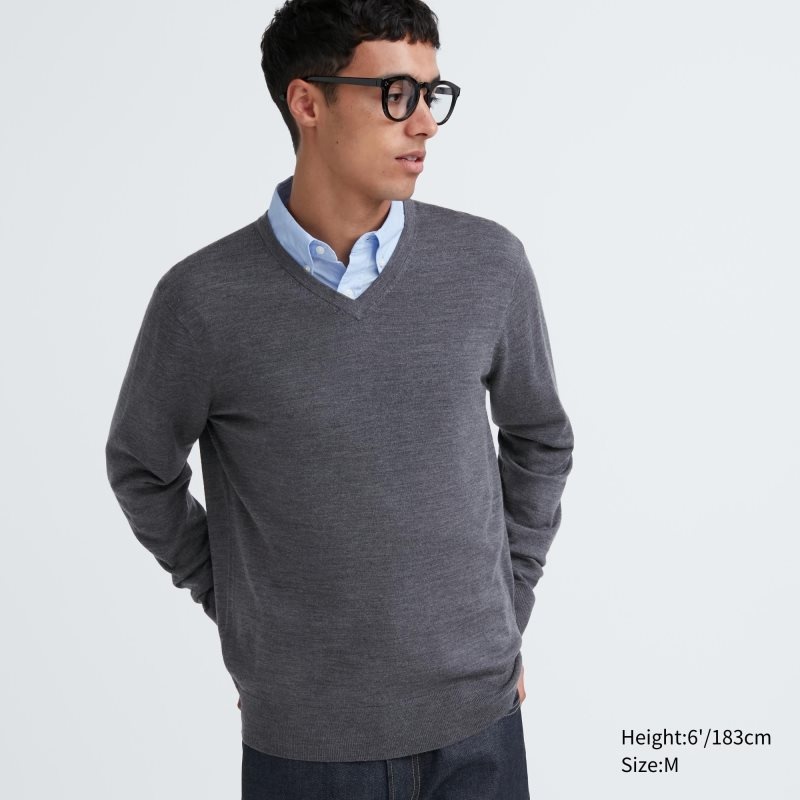 Chandails Uniqlo Extra Fine Merino V-neck Homme Grise | 7032237