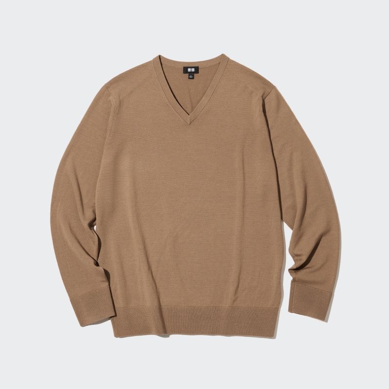 Chandails Uniqlo Extra Fine Merino V-neck Homme Beige | 1637263