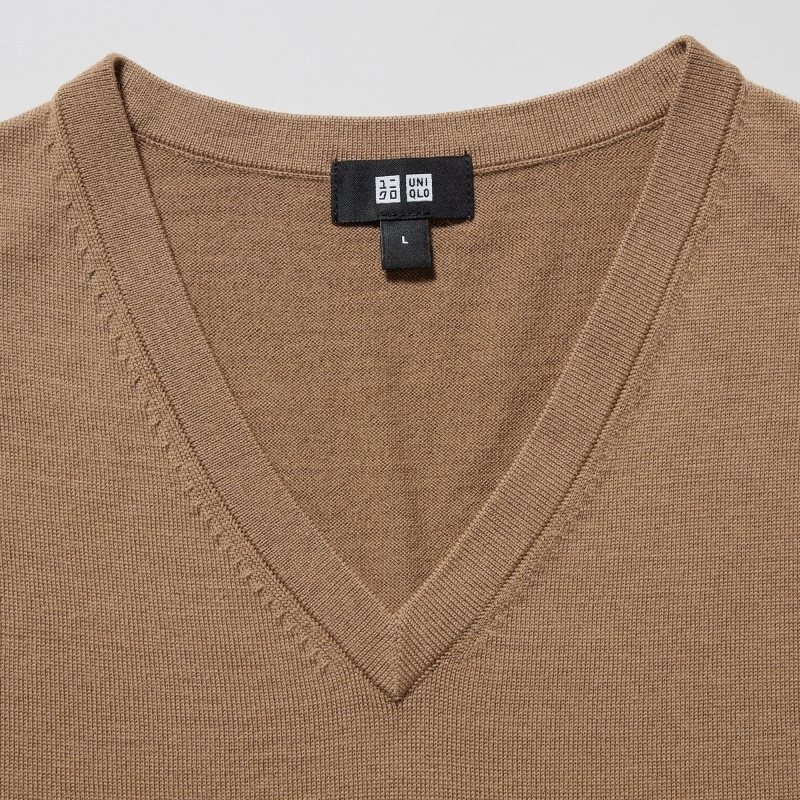 Chandails Uniqlo Extra Fine Merino V-neck Homme Beige | 1637263
