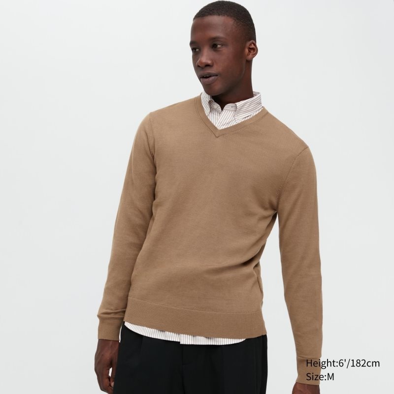Chandails Uniqlo Extra Fine Merino V-neck Homme Beige | 1637263