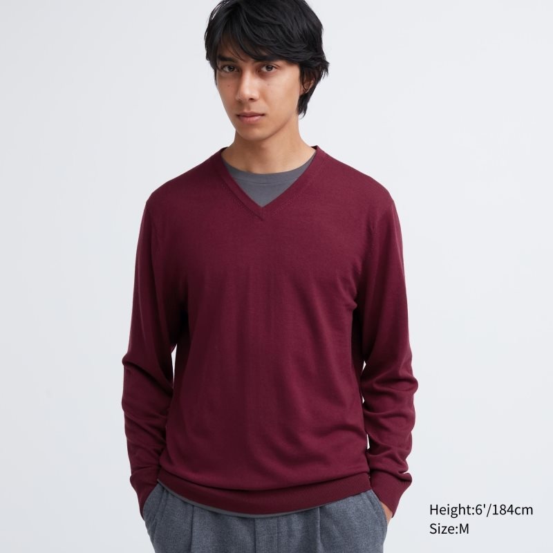 Chandails Uniqlo Extra Fine Merino V-neck Homme Bordeaux | 1785253