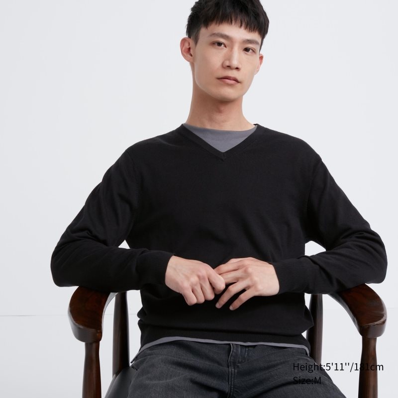 Chandails Uniqlo Extra Fine Merino V-neck Homme Noir | 5467827