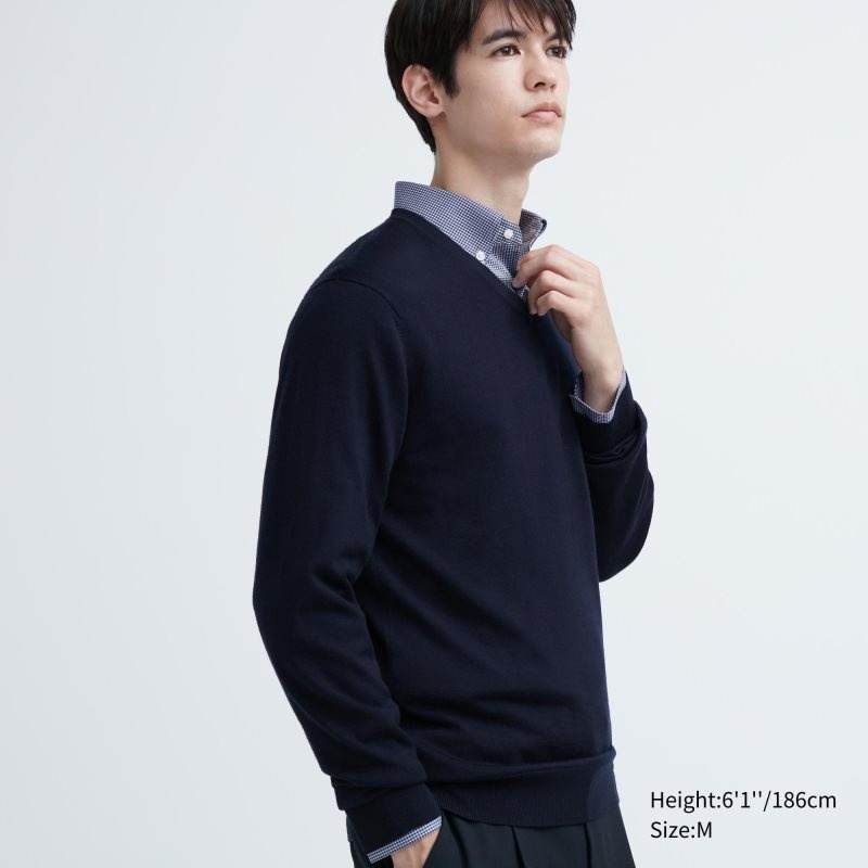 Chandails Uniqlo Extra Fine Merino V-neck Homme Bleu Marine | 9681354