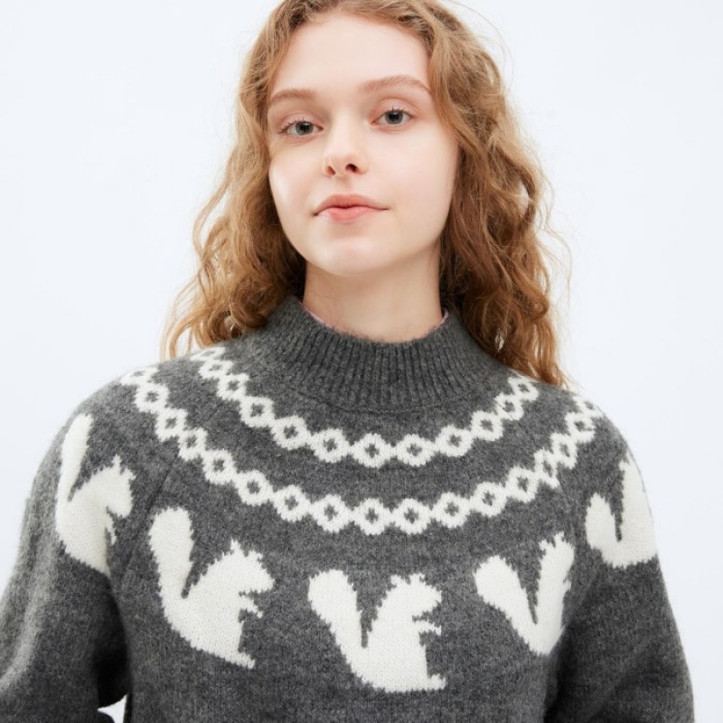 Chandails Uniqlo Jacquard Crew Neck Long-Sleeve Femme Grise | 2418843