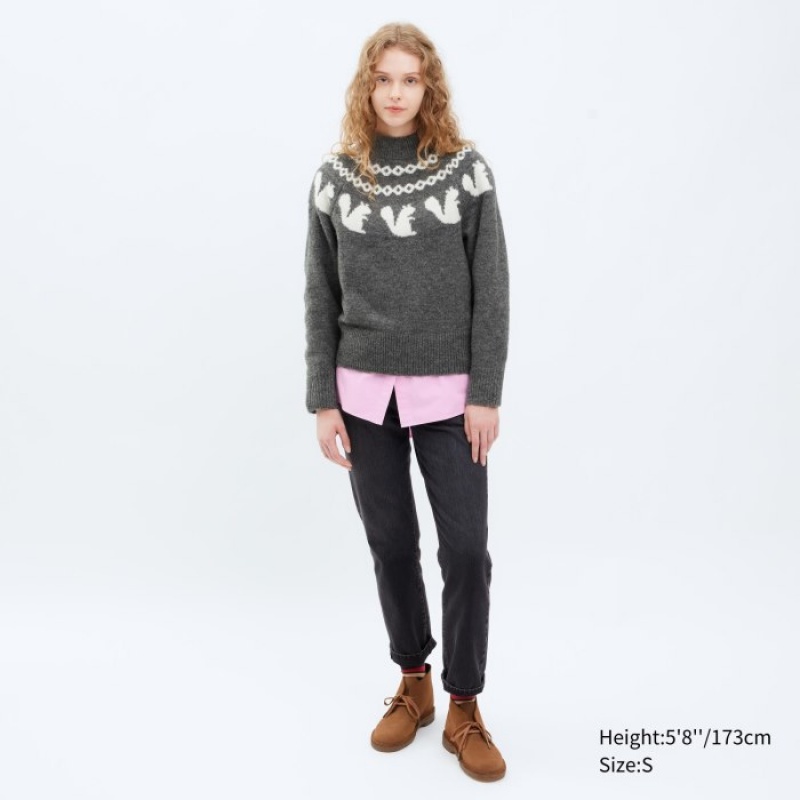 Chandails Uniqlo Jacquard Crew Neck Long-Sleeve Femme Bleu | 6532986