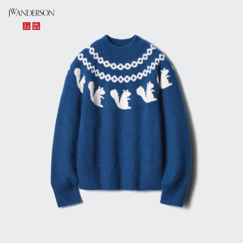Chandails Uniqlo Jacquard Crew Neck Long-Sleeve Femme Bleu | 6532986