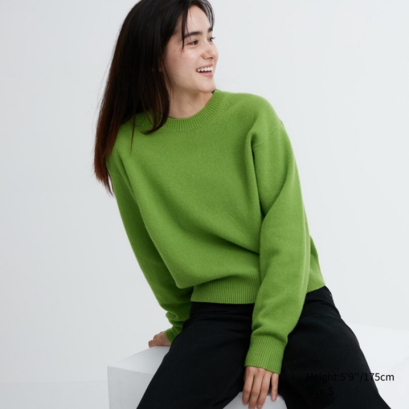 Chandails Uniqlo Premium Lambswool Crew Neck Long-sleeve Femme Vert | 3158629