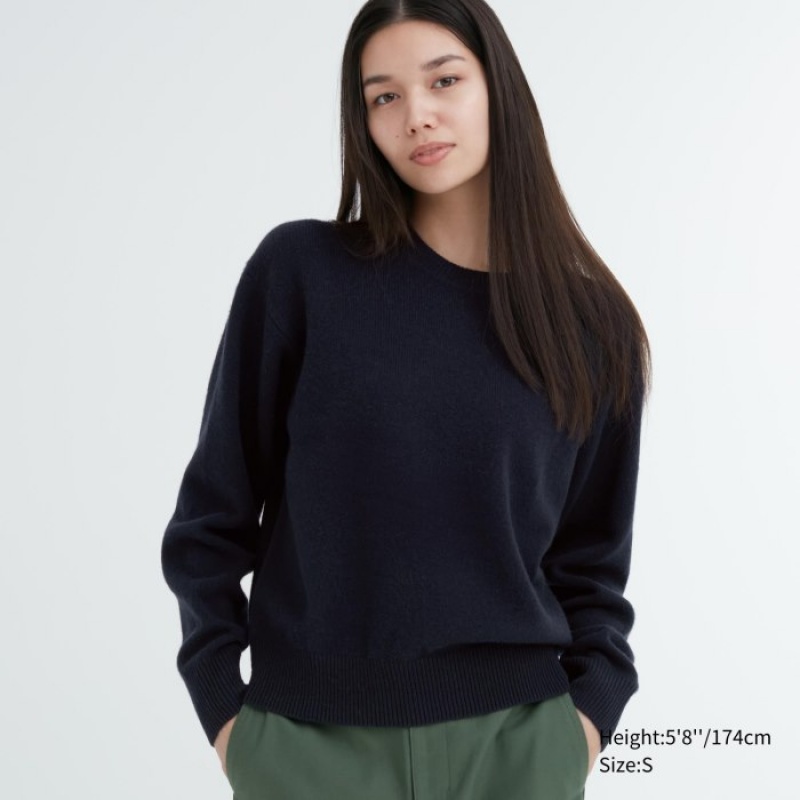 Chandails Uniqlo Premium Lambswool Crew Neck Long-sleeve Femme Bleu Marine | 3001497