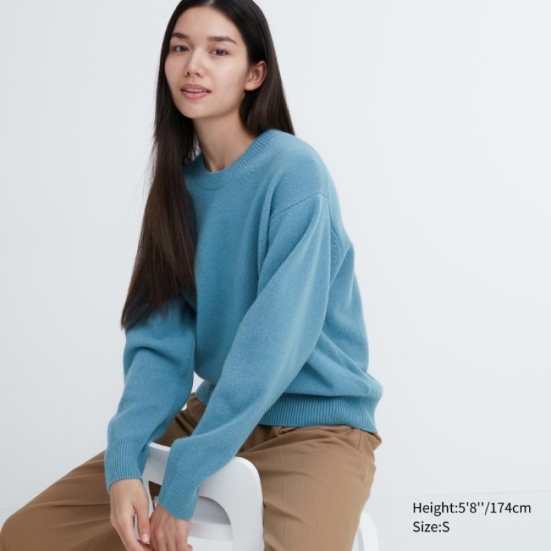 Chandails Uniqlo Premium Lambswool Crew Neck Long-sleeve Femme Bleu | 1853003