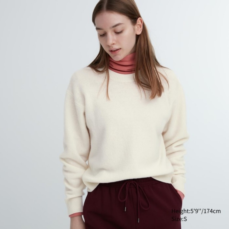 Chandails Uniqlo Premium Lambswool Crew Neck Long-sleeve Femme Blanche | 8860704