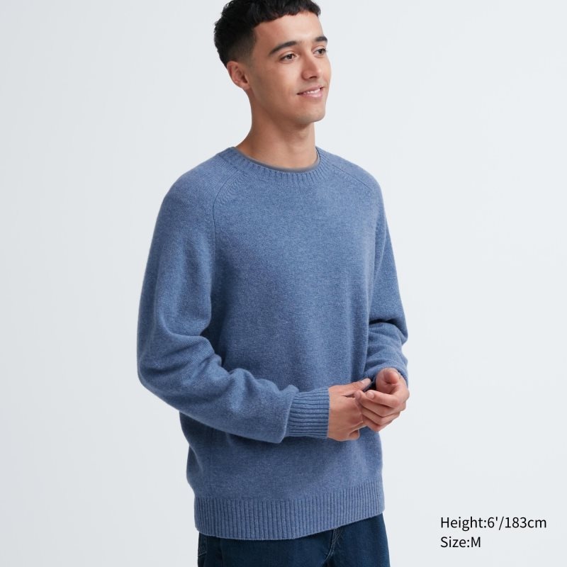 Chandails Uniqlo Premium Lambswool Crew Neck Long Sleeve Homme Bleu | 9627613
