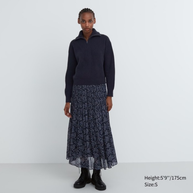 Chandails Uniqlo Premium Lambswool Half-Zip Long-Sleeve Femme Bleu Marine | 3669507