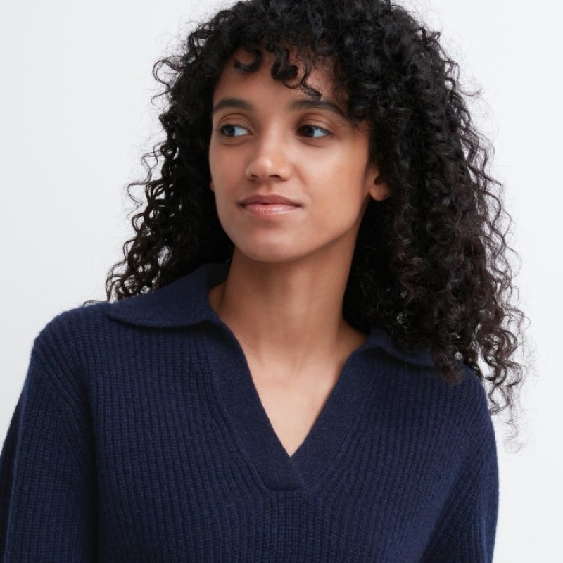 Chandails Uniqlo Premium Lambswool Long-Sleeve Polo Femme Bleu Marine | 7413751
