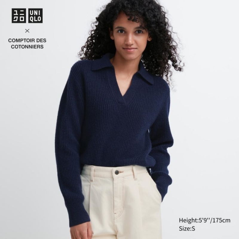 Chandails Uniqlo Premium Lambswool Long-Sleeve Polo Femme Bleu Marine | 7413751