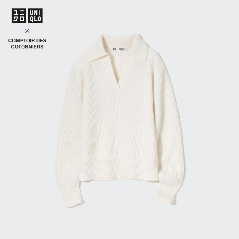 Chandails Uniqlo Premium Lambswool Long-Sleeve Polo Femme Blanche | 8019546