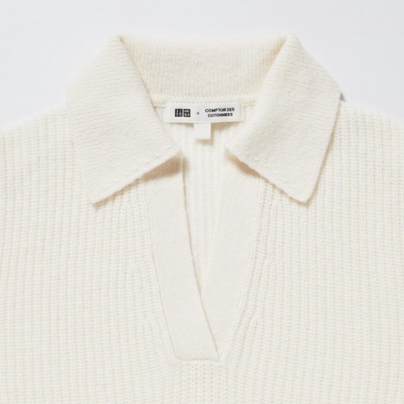 Chandails Uniqlo Premium Lambswool Long-Sleeve Polo Femme Blanche | 8019546