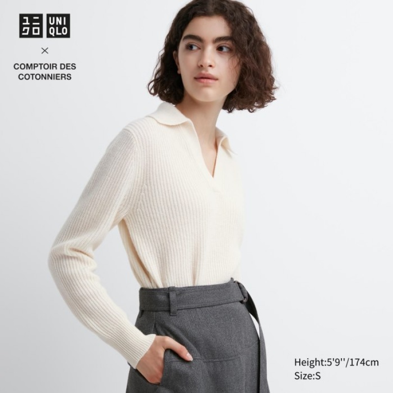 Chandails Uniqlo Premium Lambswool Long-Sleeve Polo Femme Blanche | 8019546