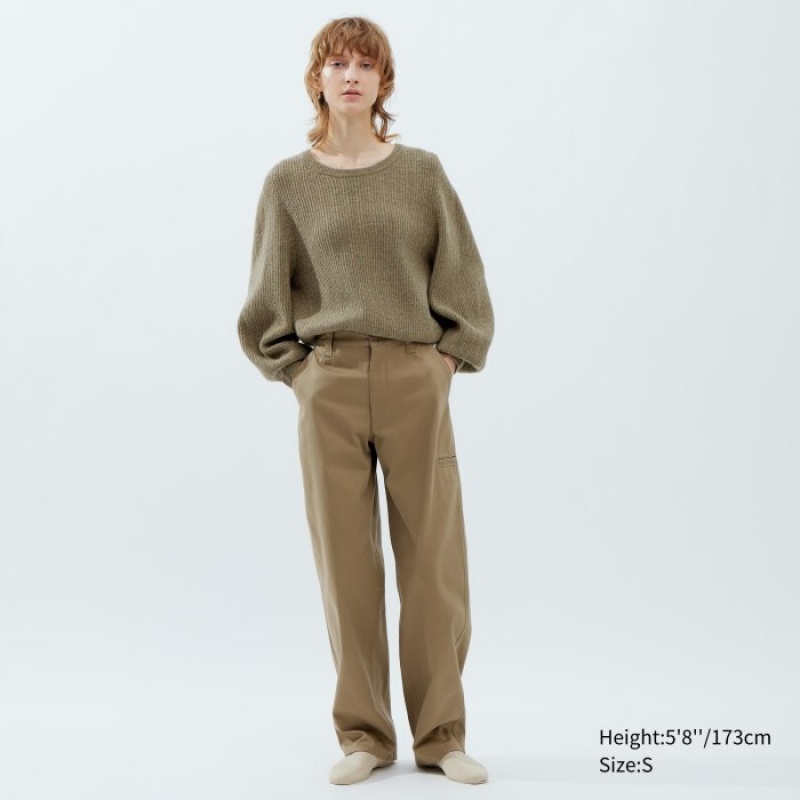Chandails Uniqlo Premium Lambswool Volume Long-Sleeve Femme Kaki | 8923940