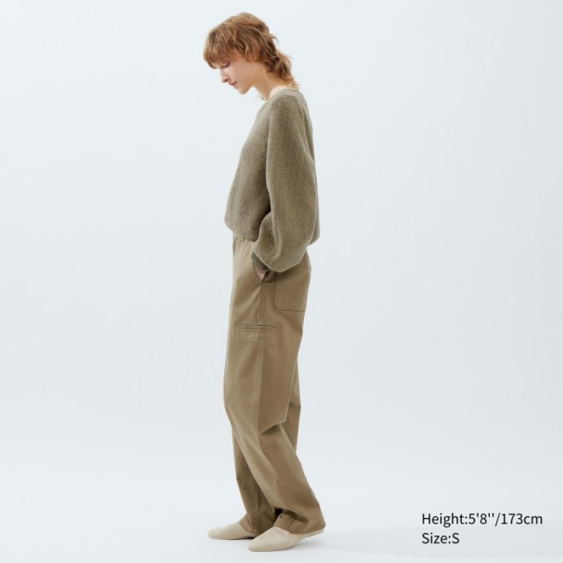 Chandails Uniqlo Premium Lambswool Volume Long-Sleeve Femme Kaki | 8923940