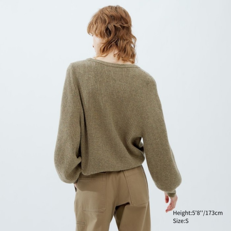 Chandails Uniqlo Premium Lambswool Volume Long-Sleeve Femme Kaki | 8923940