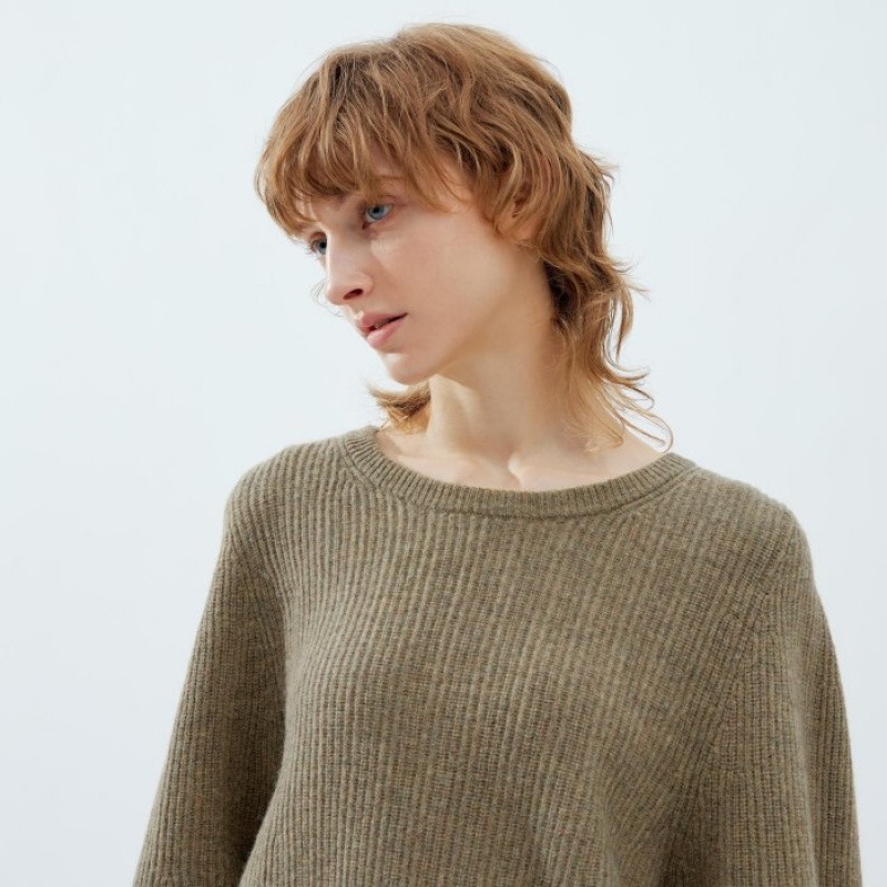 Chandails Uniqlo Premium Lambswool Volume Long-Sleeve Femme Kaki | 8923940