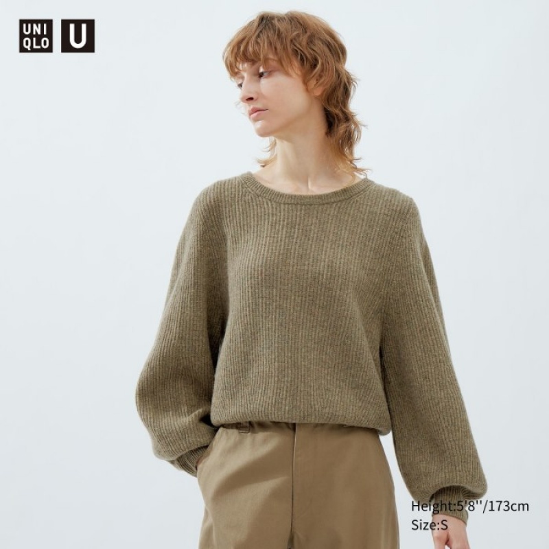 Chandails Uniqlo Premium Lambswool Volume Long-Sleeve Femme Kaki | 8923940