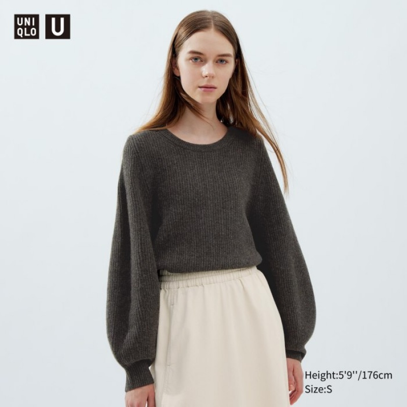 Chandails Uniqlo Premium Lambswool Volume Long-Sleeve Femme Marron | 9818467