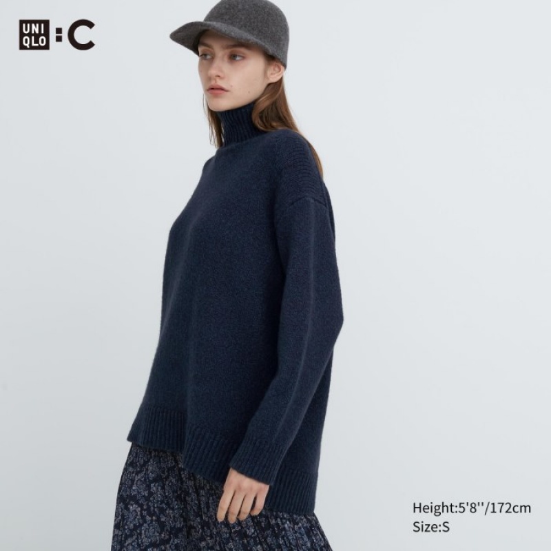 Chandails Uniqlo Soft Knit High Neck Long-Sleeve Femme Bleu Marine | 2456313