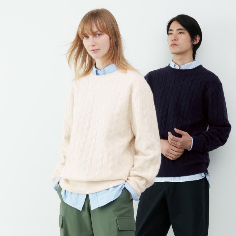 Chandails Uniqlo Souffle Yarn Cable Crew Neck Long-Sleeve Femme Blanche | 111619