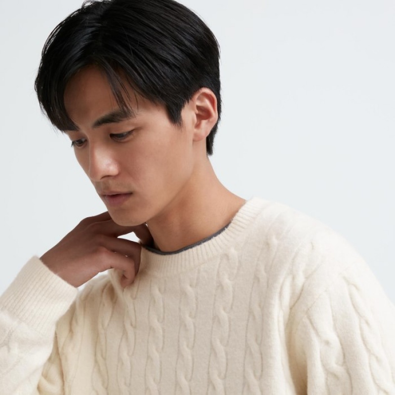 Chandails Uniqlo Souffle Yarn Cable Crew Neck Long-Sleeve Femme Blanche | 111619