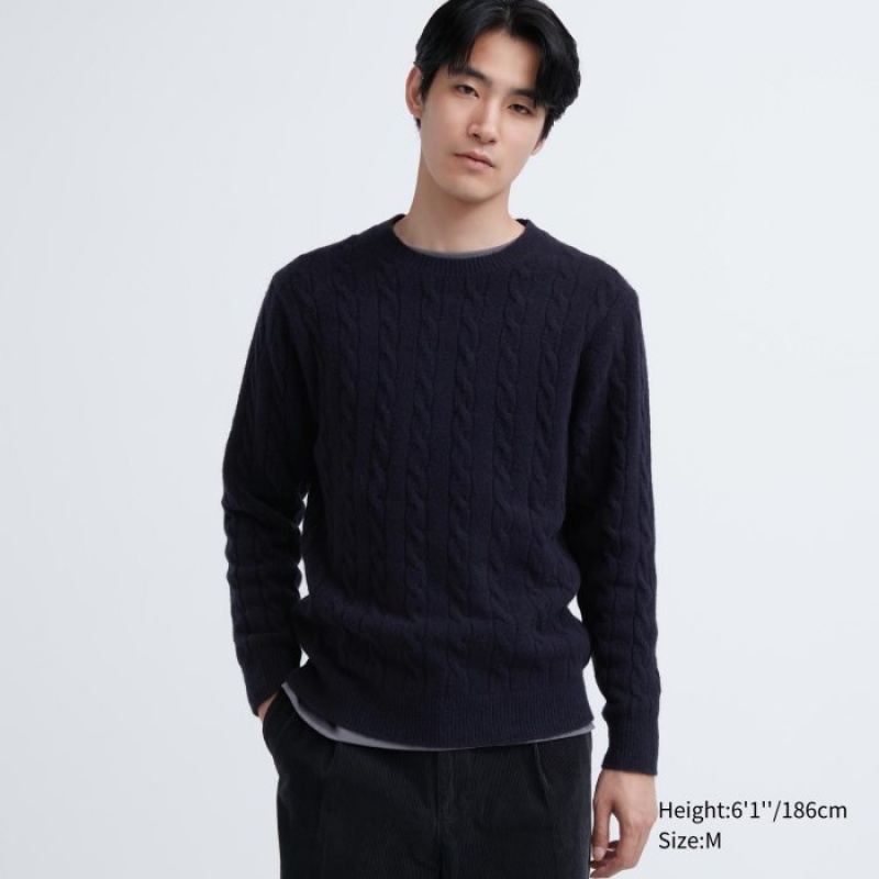 Chandails Uniqlo Souffle Yarn Cable Crew Neck Long-Sleeve Femme Bleu Marine | 7788585