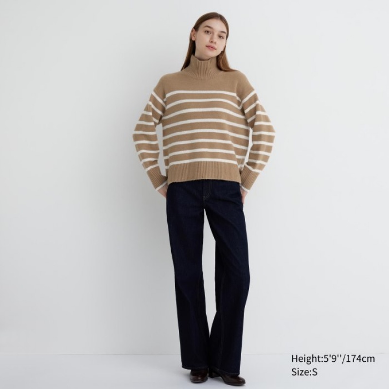 Chandails Uniqlo Souffle Yarn Striped High Neck Long-Sleeve Femme Beige | 9690405