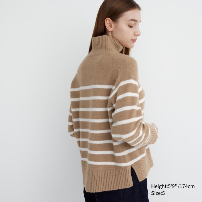 Chandails Uniqlo Souffle Yarn Striped High Neck Long-Sleeve Femme Beige | 9690405