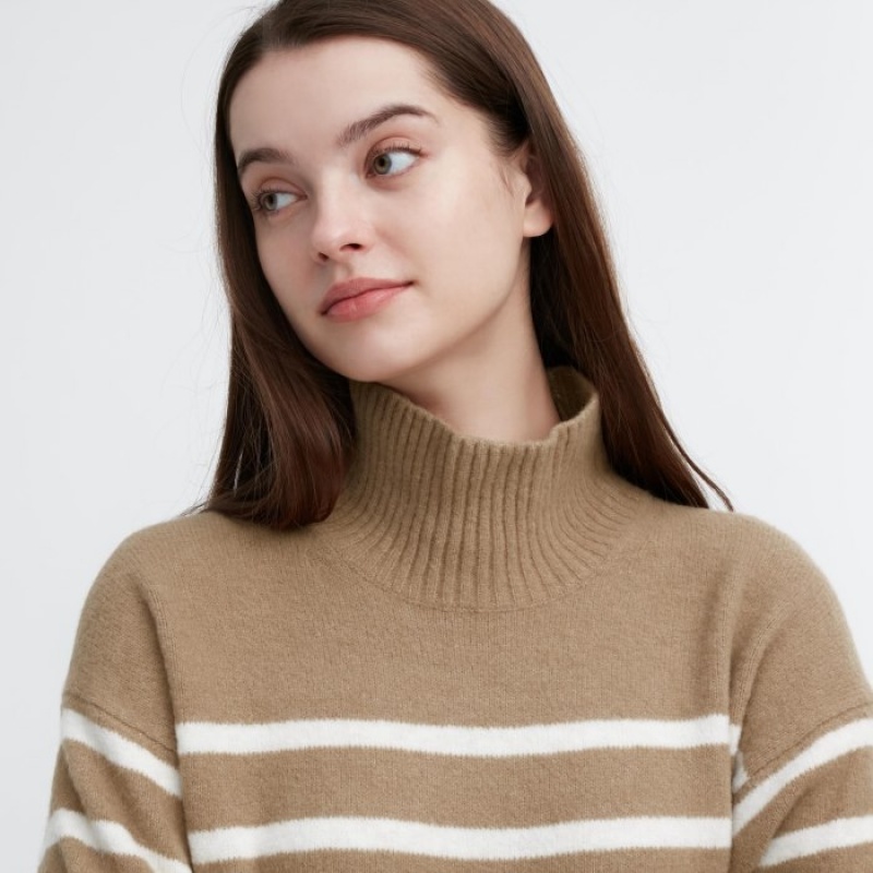Chandails Uniqlo Souffle Yarn Striped High Neck Long-Sleeve Femme Beige | 9690405