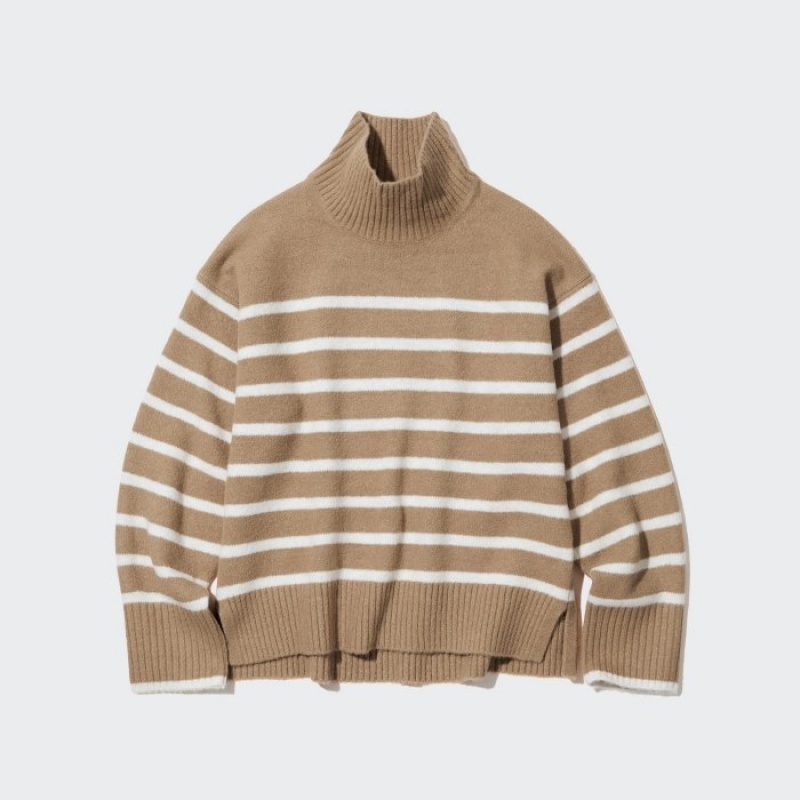 Chandails Uniqlo Souffle Yarn Striped High Neck Long-Sleeve Femme Beige | 9690405