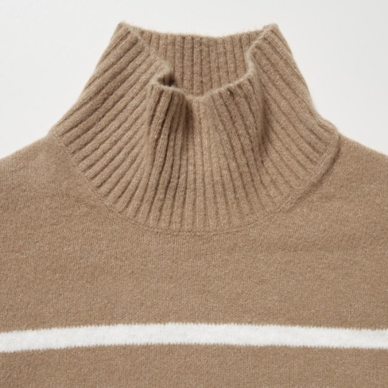 Chandails Uniqlo Souffle Yarn Striped High Neck Long-Sleeve Femme Beige | 9690405