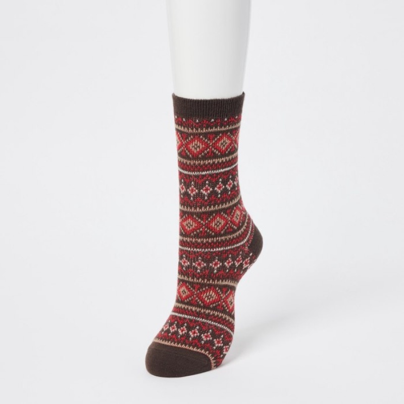 Chaussette Uniqlo HEATTECH Fair Isle Femme Marron | 8949441