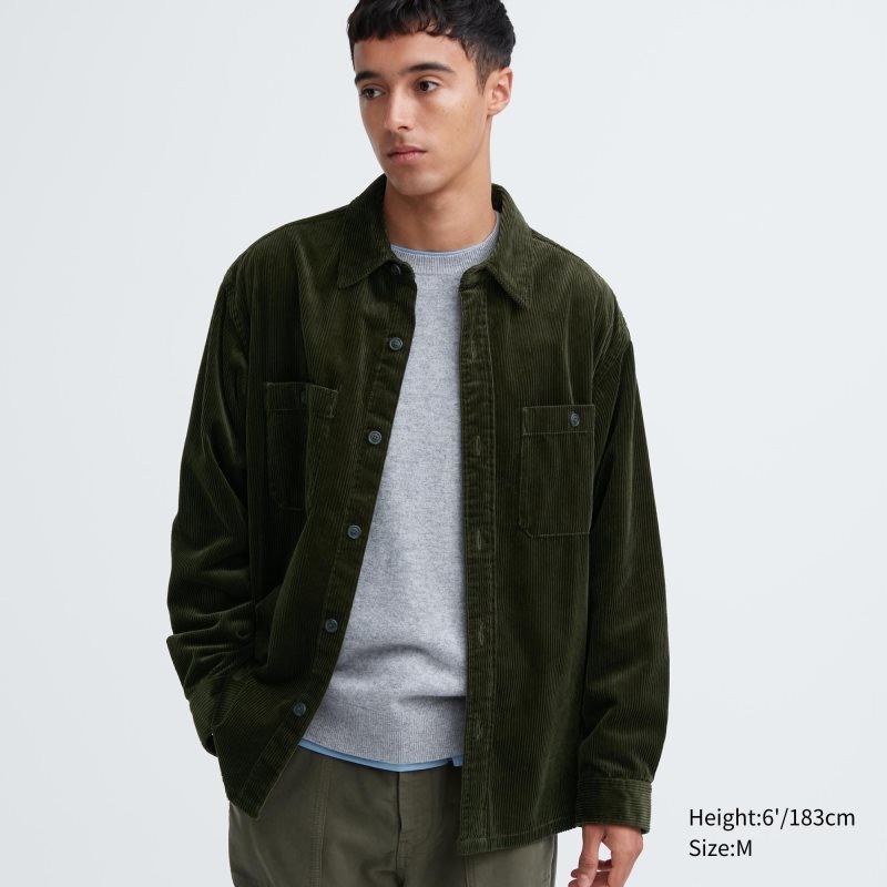 Chemises Uniqlo Corduroy Work Long-sleeve Homme Vert Olive | 8292382