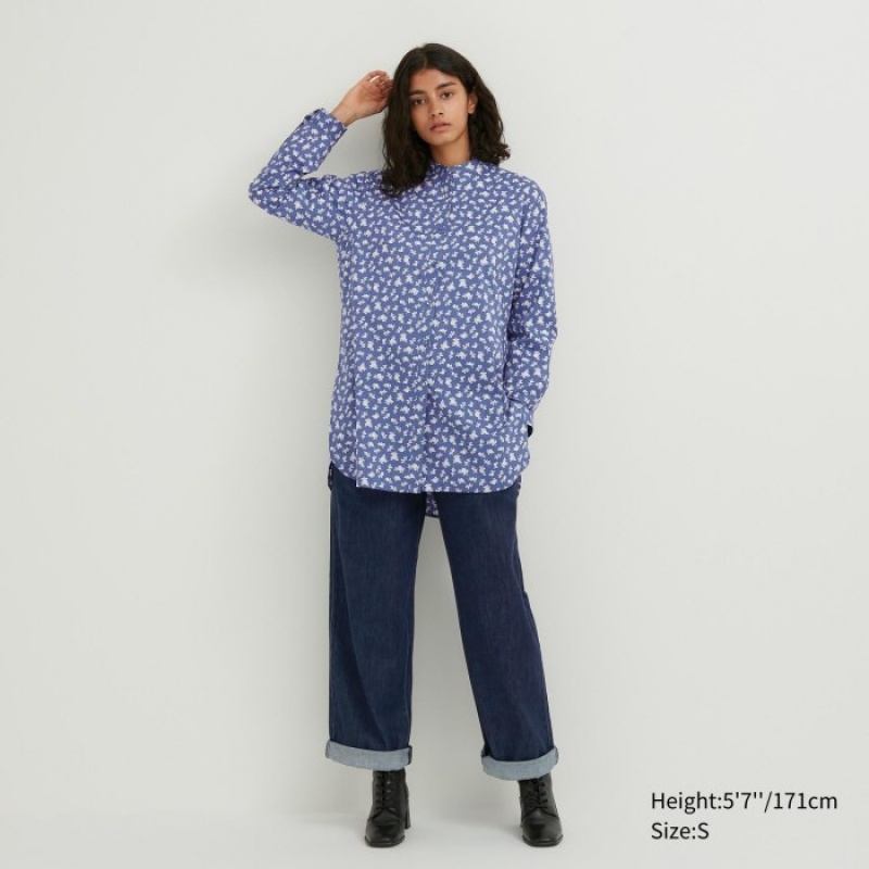Chemises Uniqlo Cotton Silk Long-Sleeve Tunic Femme Bleu | 6683629