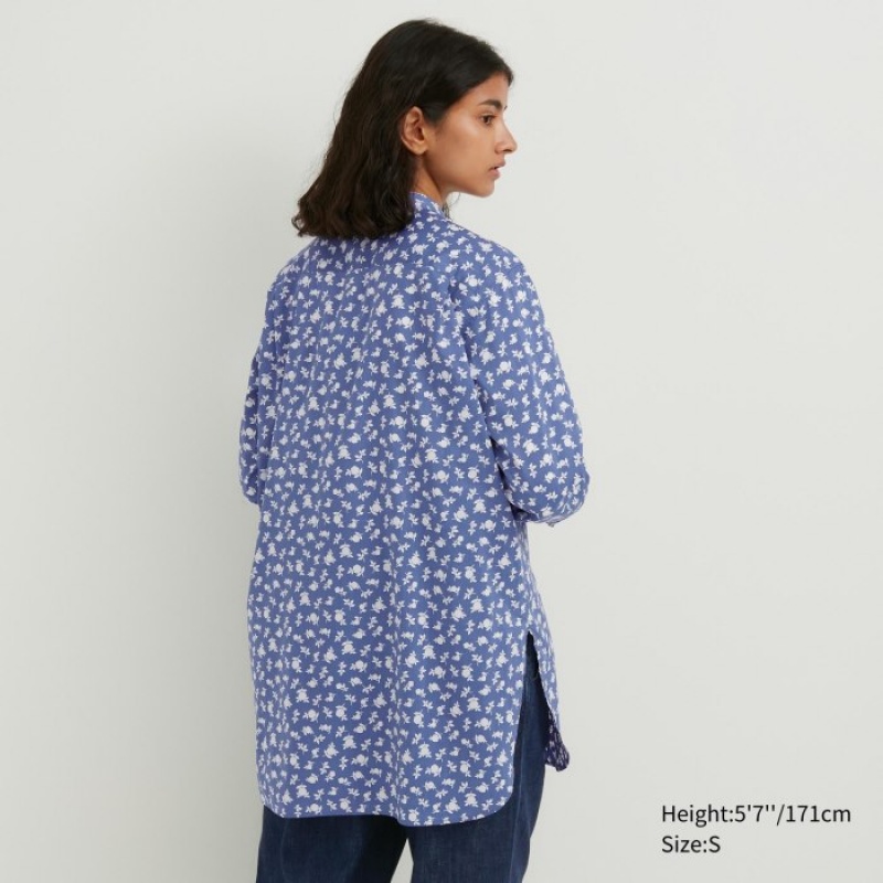 Chemises Uniqlo Cotton Silk Long-Sleeve Tunic Femme Bleu | 6683629