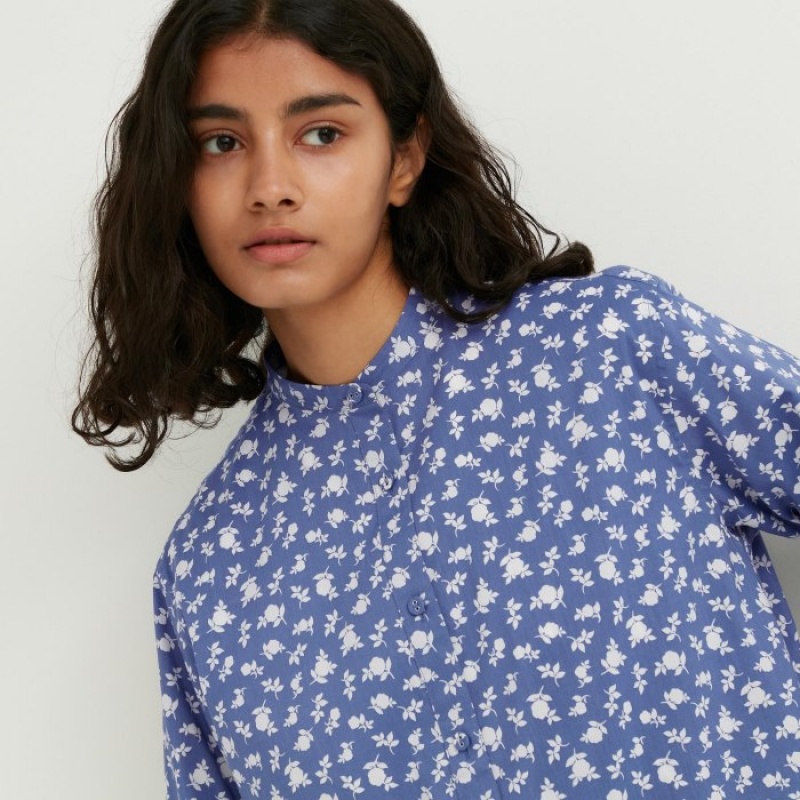 Chemises Uniqlo Cotton Silk Long-Sleeve Tunic Femme Bleu | 6683629